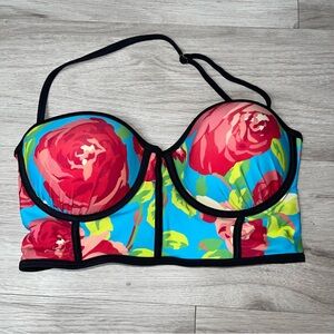 Betsey Johnson Floral Bustier Bikini Top L Garden Party Cottagecore Retro Beach